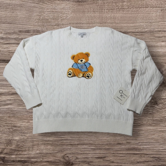 Orange Kiss Sweaters - Orange Kiss Cable Knit Embroidered White Bear Sweater